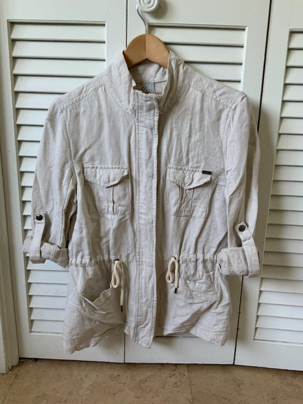 Max Jeans Linen Blend Jacket Beige M Lightweight Cinch Waist Roll Tab Sleeves